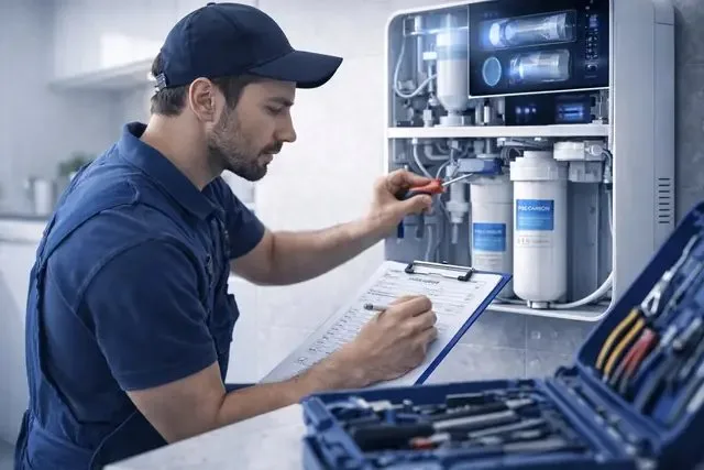 RO technician checking a water purifier and noting service details on a checklist