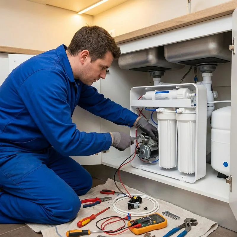 Technician repairing an under-sink RO water purifier