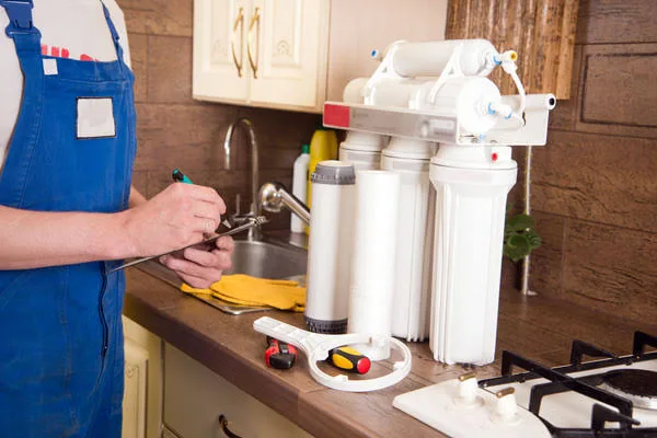 RO technician servicing the filters of a water purifier in a home kitchen